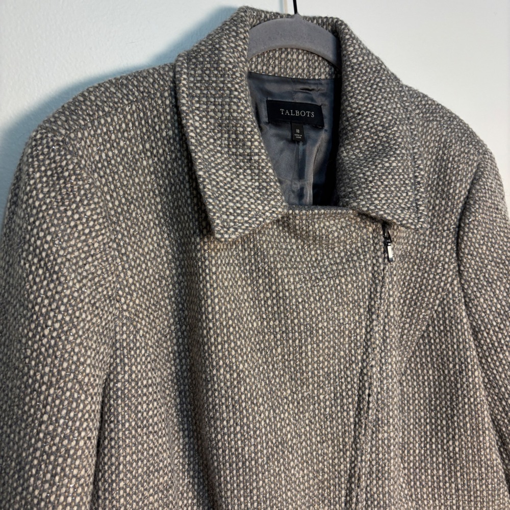 Talbots Wool Blend Moto Jacket 18 Gray Tweed Asymmetrical Zip Quiet Luxury - Picture 10 of 11